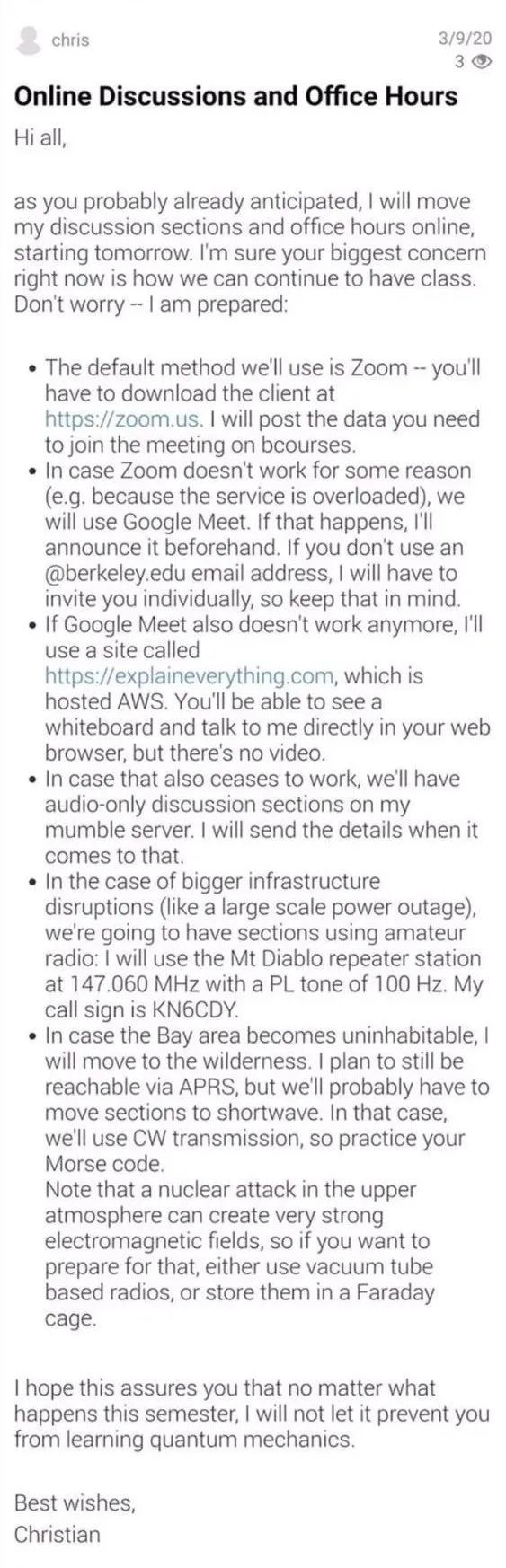 伯克利校长全员邮件:上课先用 Zoom,还不行就发电报