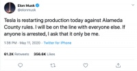 特斯拉无视禁令强行开工，马斯克：要抓就抓我一人