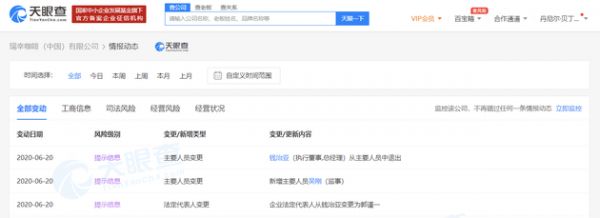 瑞幸咖啡创始人钱治亚卸任瑞幸咖啡(中国)有限公司法人