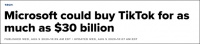 美媒：微软可能最多以300亿美元收购TikTok