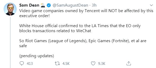 美记者:特朗普“微信禁令”不涉及腾讯游戏业务