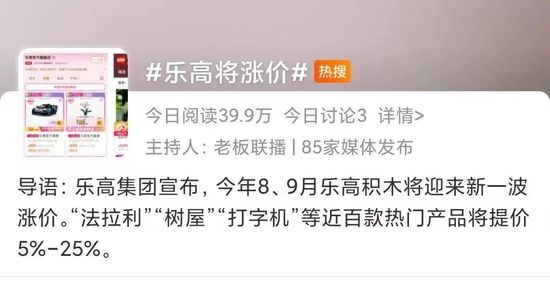 图/乐高涨价微博热搜 　　来源/燃财经截图