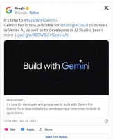 谷歌宣布向云计算客户开放Gemini Pro，开发者可用其构建应用