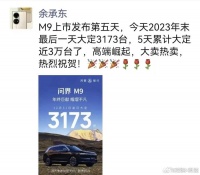 问界M9上市发布第五天，在2023年未最后一天大定3173台……