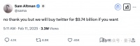 马斯克出价7118亿收购OpenAI，奥特曼隔空阴阳：我711亿买推特还差不多