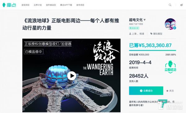 《流浪地球》电影周边在摩点网的众筹页面