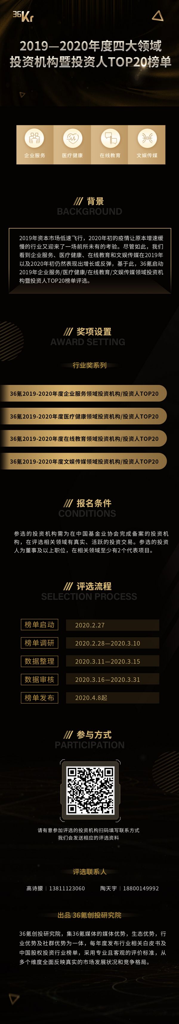 硬核启动！36氪2019-2020年度四大领域投资机构暨投资人TOP20评选