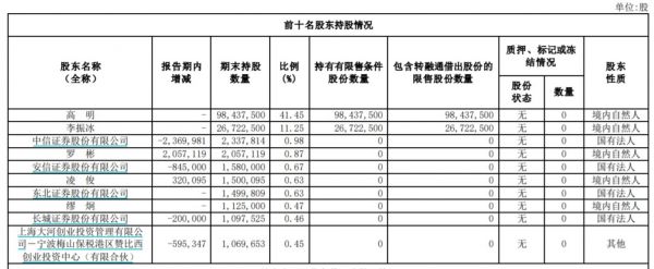 十大股东增减持情况,来源:半年报